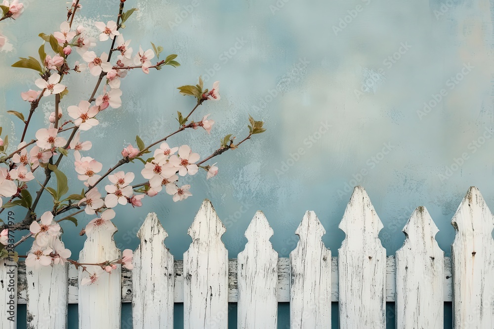 delicate peach blossoms edging a weathered white fence soft morning light faint green leaves tender and inviting spring serenity delicate peach blossoms edging a weathered white fence soft morning light faint green leaves tender and inviting spring serenity