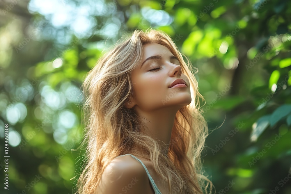 A calm woman inhaling the fresh, crisp air in a lush green forest. A calm woman inhaling the fresh, crisp air in a lush green forest.