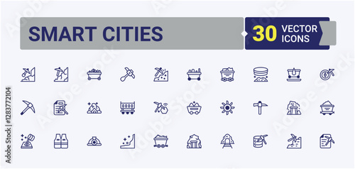 Mining Industry minimal icon set. Contains linear outline icons like excavator, construction, train, mining, factory, axe and more. Simple icon designs. Vector outline and solid icons collection.