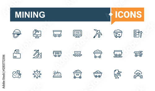 Mining icons. Contains related to mine, underground, rock, power, as, mining and more. Perfect for logos and infographic. Solid line editable stroke.