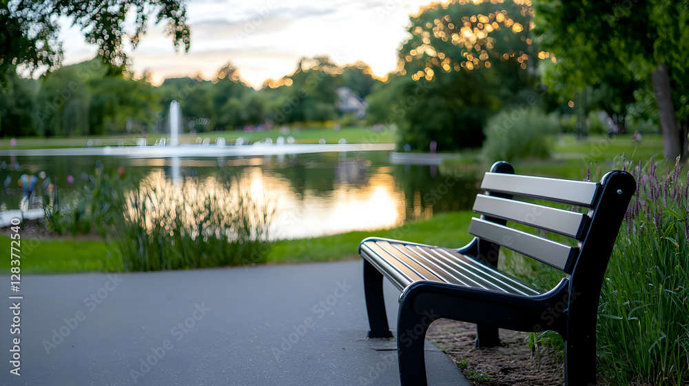 Serene City Park at Sunset: Bench by a Reflecting Pond Serene City Park at Sunset: Bench by a Reflecting Pond