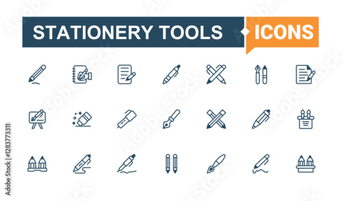 Stationery Tools simple icon. Includes thin line drawing, simple, book, list, marker, web, crayon, stationery. Minimal linear icons. Solid line editable vector illustration.