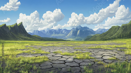 Prehistoric landscape with dinosaurs, mountains, green grass and cracks in ground after earthquake. Summer scene with ancient reptiles in jurassic or cretaceous time, vector cartoon illustration