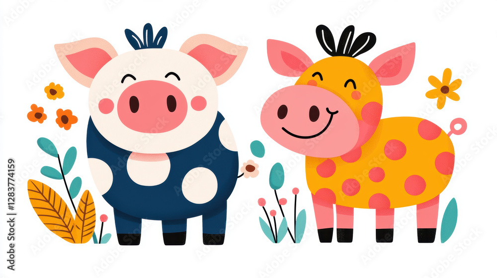 Naklejka premium Cute pig, A whimsical image of a pig and cow joyfully laughing together on a farm, showcasing a high-fidelity, vibrant scene.