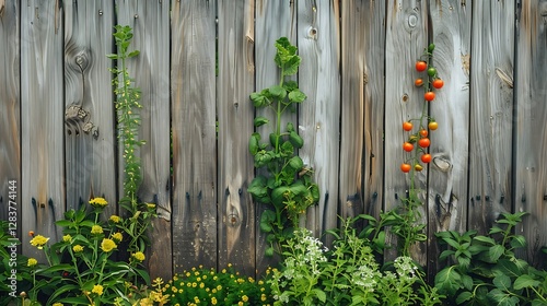 A vegetable garden with neat rows of fresh greens, tomatoes, and herbs, surrounded by a rustic wooden fence