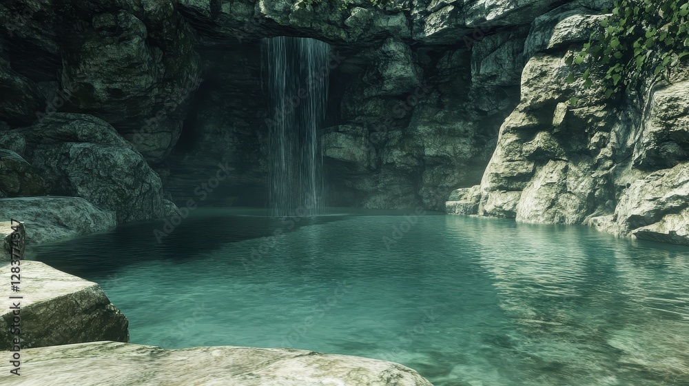 Naklejka premium Serene Waterfall in a Lush Green Landscape with Calm Pool