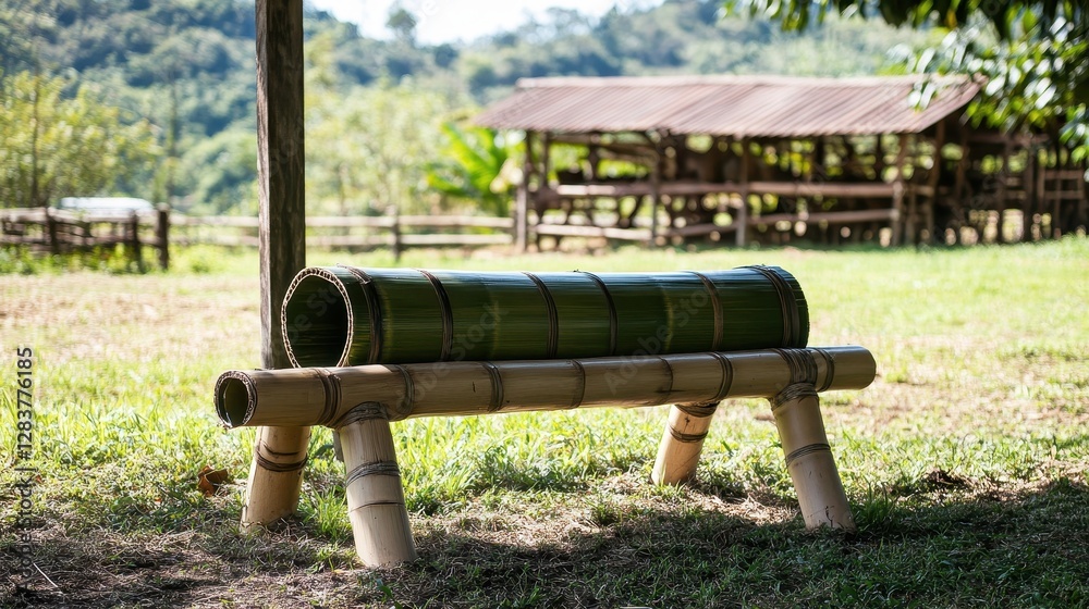 Traditional Bamboo Bench Surrounded by Green Natural Landscape Traditional Bamboo Bench Surrounded by Green Natural Landscape