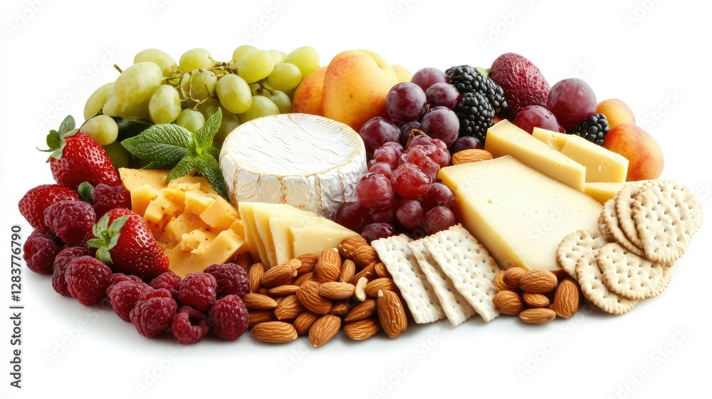 Cheese Platter with Fruits and Nuts, Isolated Gourmet Cheese Board with Crackers, White Background Cheese Platter with Fruits and Nuts, Isolated Gourmet Cheese Board with Crackers, White Background