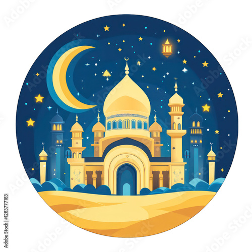 Golden Mosque in Desert Night with Crescent Moon and Stars