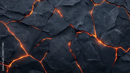 Rich texture of black volcanic rock features glowing orange cracks that suggest lava flow. This striking background is perfect for various creative applications and design needs