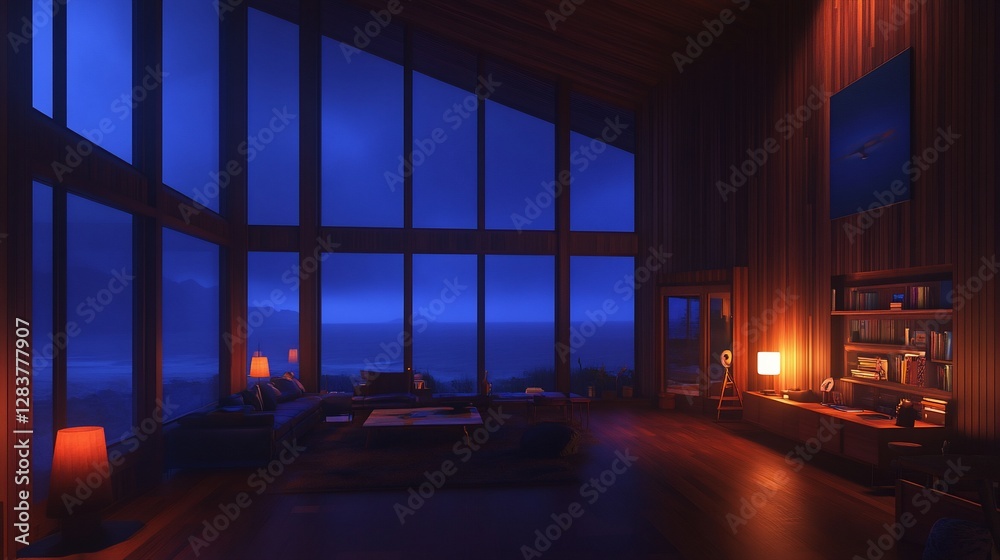 Fototapeta premium Nighttime mountain view luxury home interior