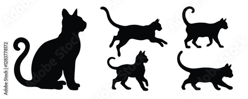 cat on white background. Collection of cat silhouettes in various forms. Side view and full body for design. Vector illustration.