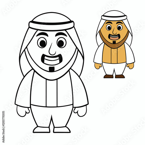 A friendly Saudi Arabian man cartoon character wearing a traditional white thobe and ghutra, with a warm smile, neatly trimmed beard, and expressive eyes.