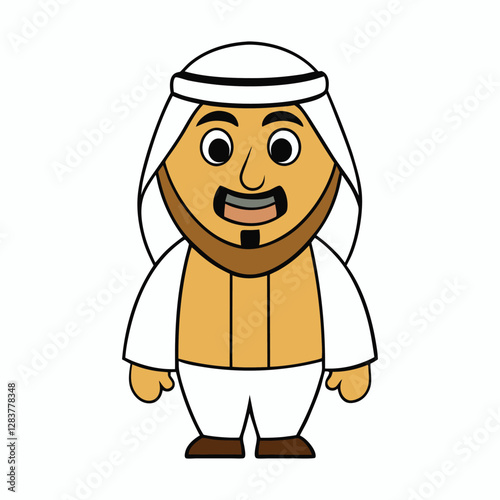 A friendly Saudi Arabian man cartoon character wearing a traditional white thobe and ghutra, with a warm smile, neatly trimmed beard, and expressive eyes.