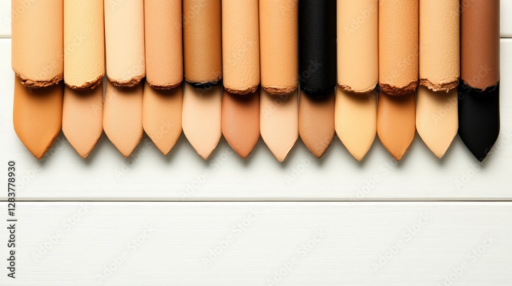 Pencils arranged on a white table next to various beauty products for all skin types Pencils arranged on a white table next to various beauty products for all skin types