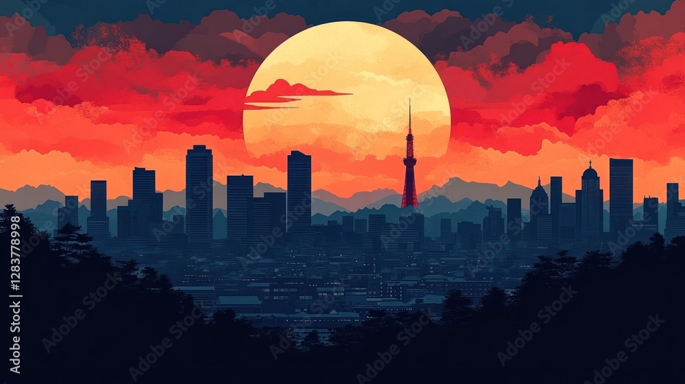 Naklejka premium Sunset Cityscape Silhouette, Night View