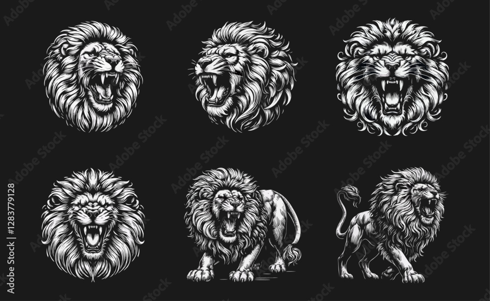 Obraz premium fierce roar growling lion head Tattoo engraving template