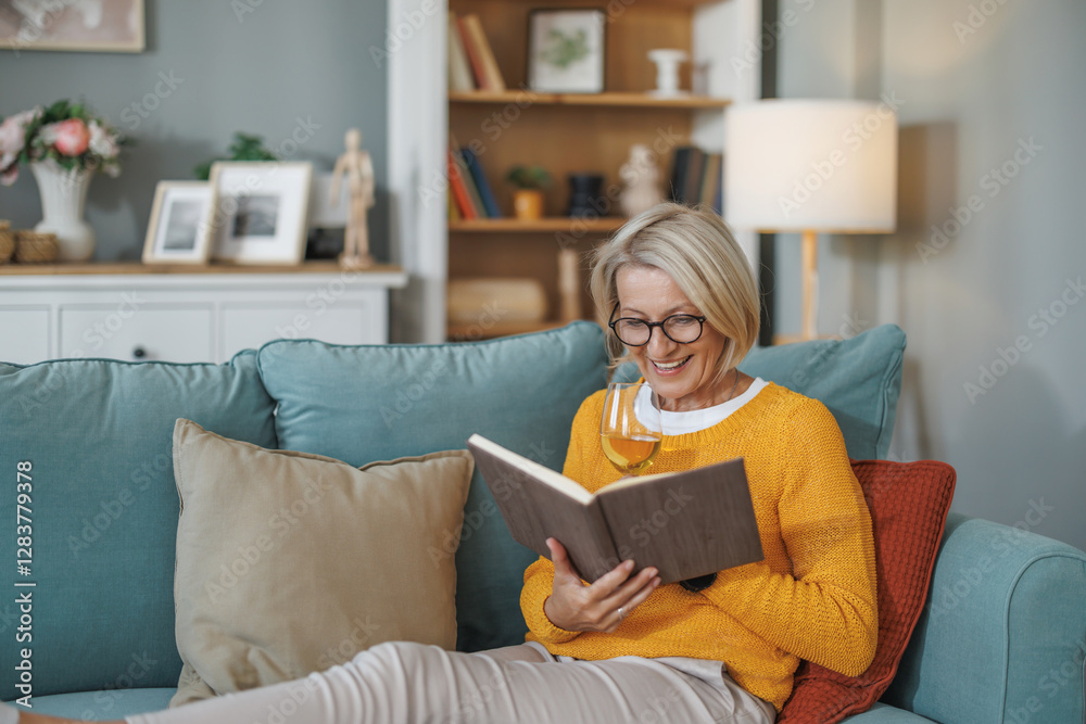 Obraz premium Relaxing at home with a book and a glass of wine in a cozy living room setting during the afternoon