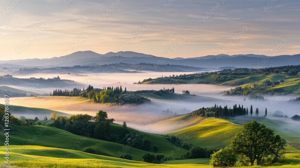 Fototapeta premium Serene Morning Landscape with Rolling Hills, Lush Green Fields, Misty Air, and Towering Mountains Under a Soft Warm Light in Tuscany, Italy
