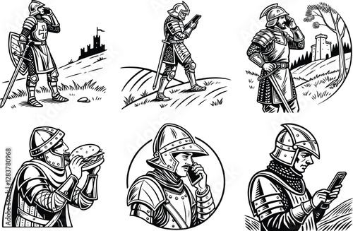 Medieval knight using smartphone 