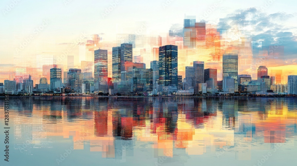 Fototapeta premium Cityscape reflection on water presents modern urban architecture scene
