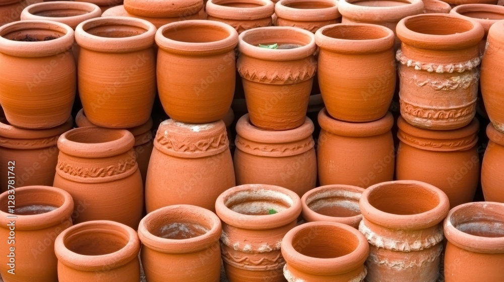 Various Clay Pots Arranged Neatly in a Stack at an Outdoor Market Showcasing Traditional Craftsmanship and Artistry Various Clay Pots Arranged Neatly in a Stack at an Outdoor Market Showcasing Traditional Craftsmanship and Artistry