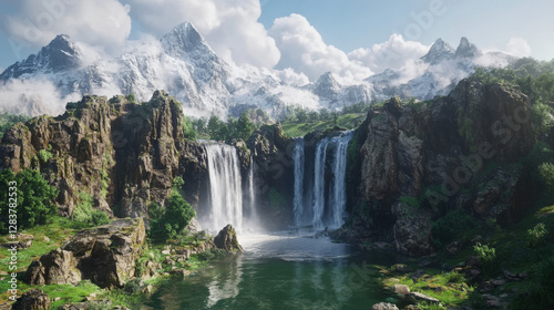 Mountain landscape with waterfall. Vector cartoon illustration of nature scene with river fall off stone ledge in lake with rocks and green grass. Cascade water flow off cliff