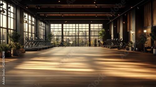 Wallpaper Mural Empty modern gym with city views, sunlight, fitness equipment Torontodigital.ca