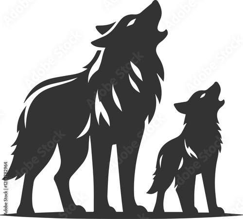 A young wolf howling next to a larger adult vector animal silhouette