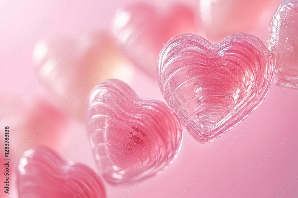 Fototapeta premium dreamy crystalline heart-shaped candies in soft focus, arranged in an elegant spiral pattern against blush pink gradient, delicate romantic mood