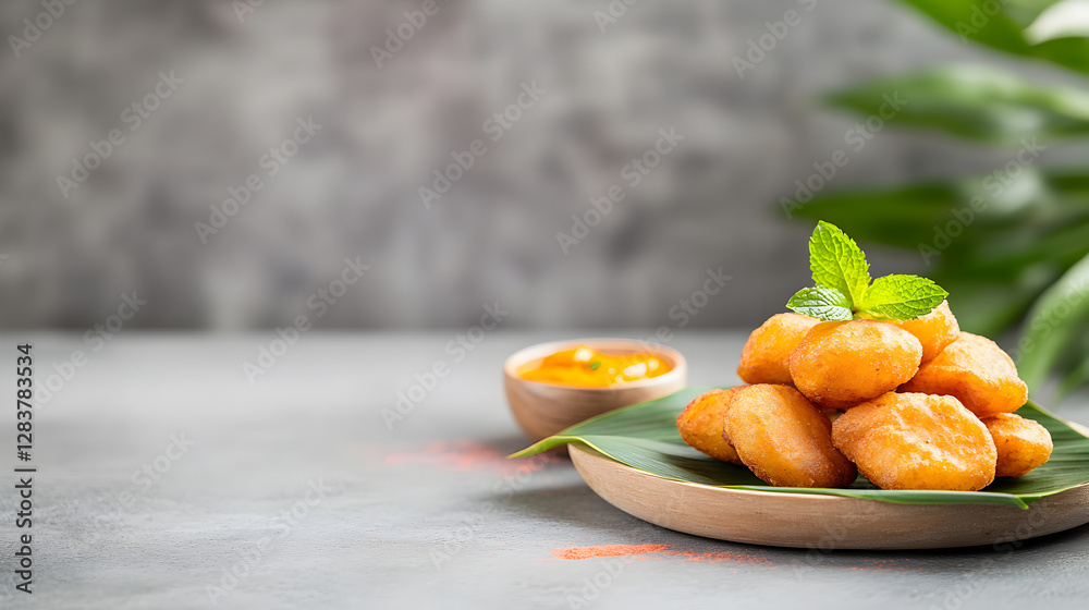 Golden brown crispy fritters stacked on a wooden plate with a side of spicy dipping sauce and fresh herbs. Ideal for restaurant branding, catering menus, and food photography. Selective focus Golden brown crispy fritters stacked on a wooden plate with a side of spicy dipping sauce and fresh herbs. Ideal for restaurant branding, catering menus, and food photography. Selective focus
