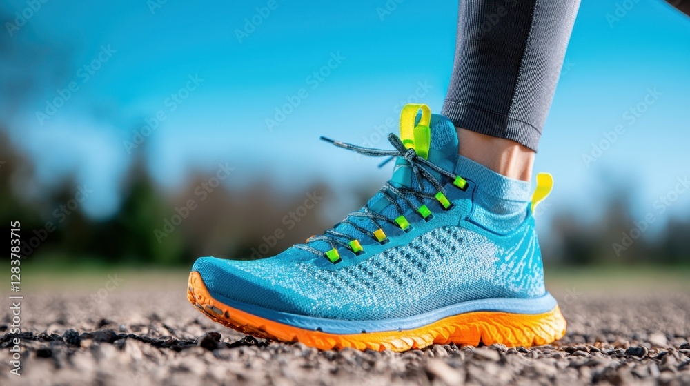 Naklejka premium Colorful running shoe on gravel path with vibrant blue and orange design, showcasing modern athletic footwear in action against clear blue sky