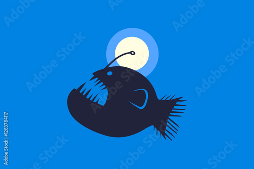 Anglerfish in deep sea. Black seadevil. Ocean under water world illustration.