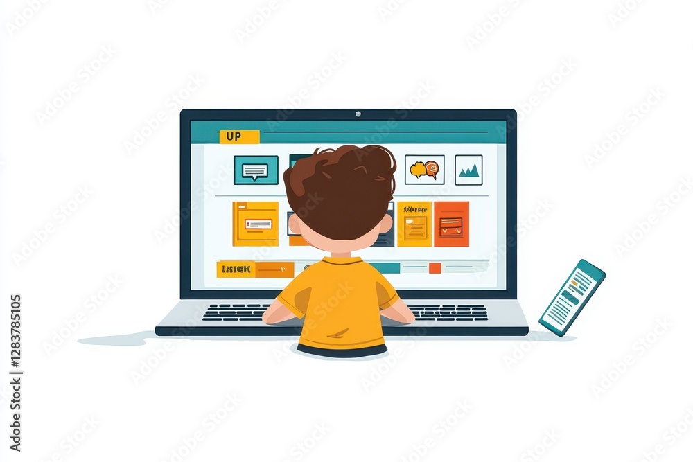 Boy using laptop for online learning education technology kid studying online