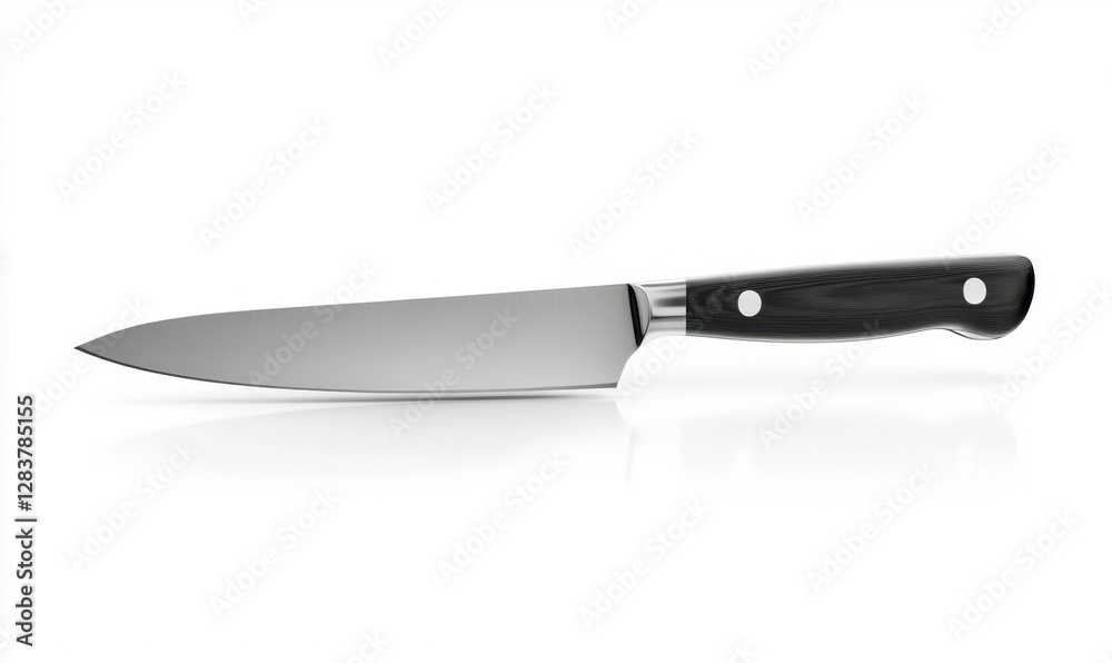 Sharp kitchen knife with black handle on white reflective background for culinary use Sharp kitchen knife with black handle on white reflective background for culinary use