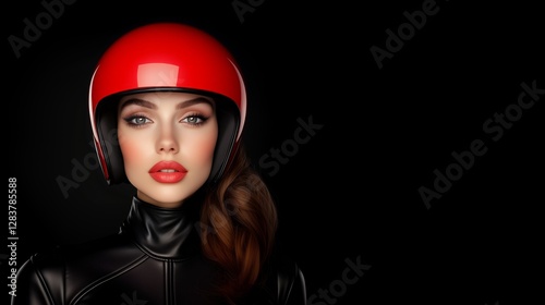 Beautiful woman in a red motorcycle helmet and black leather outfit against a dark background.