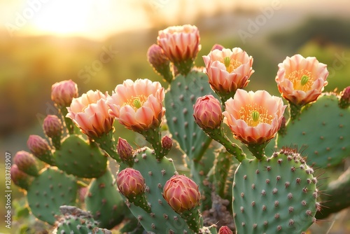 Blooming prickly pear cactus flowers at sunset in the desert