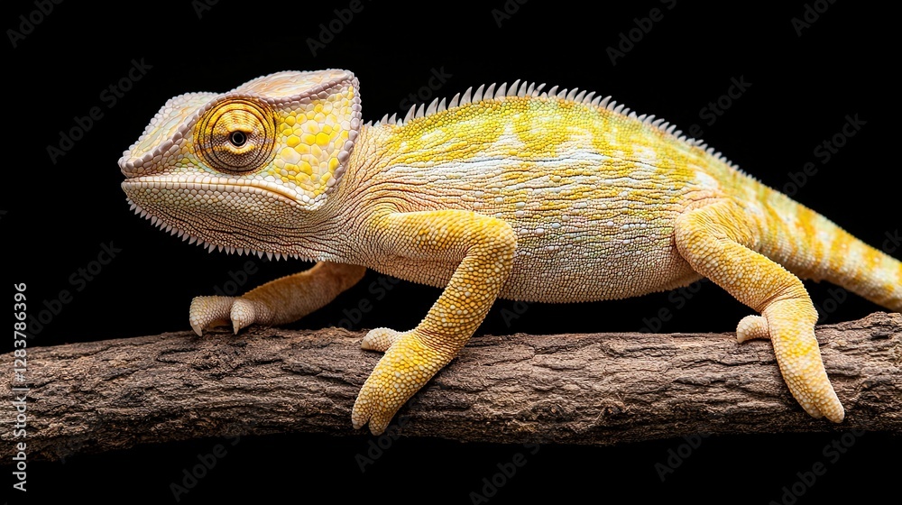 Obraz premium Vibrant Chameleon on Branch Against Black Background