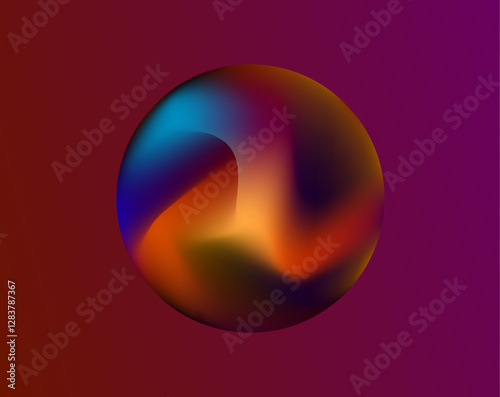 An abstract digital illustration featuring a gradient sphere blending rich hues of gold, orange, deep purple, and red against a brown gradient background. The design has a fluid, molten feel, with smo