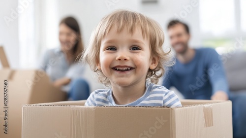 Happy Child Grinning Amidst Moving Boxes: Family Joy and Exploration in Cozy Daylight Indoor Setting photo
