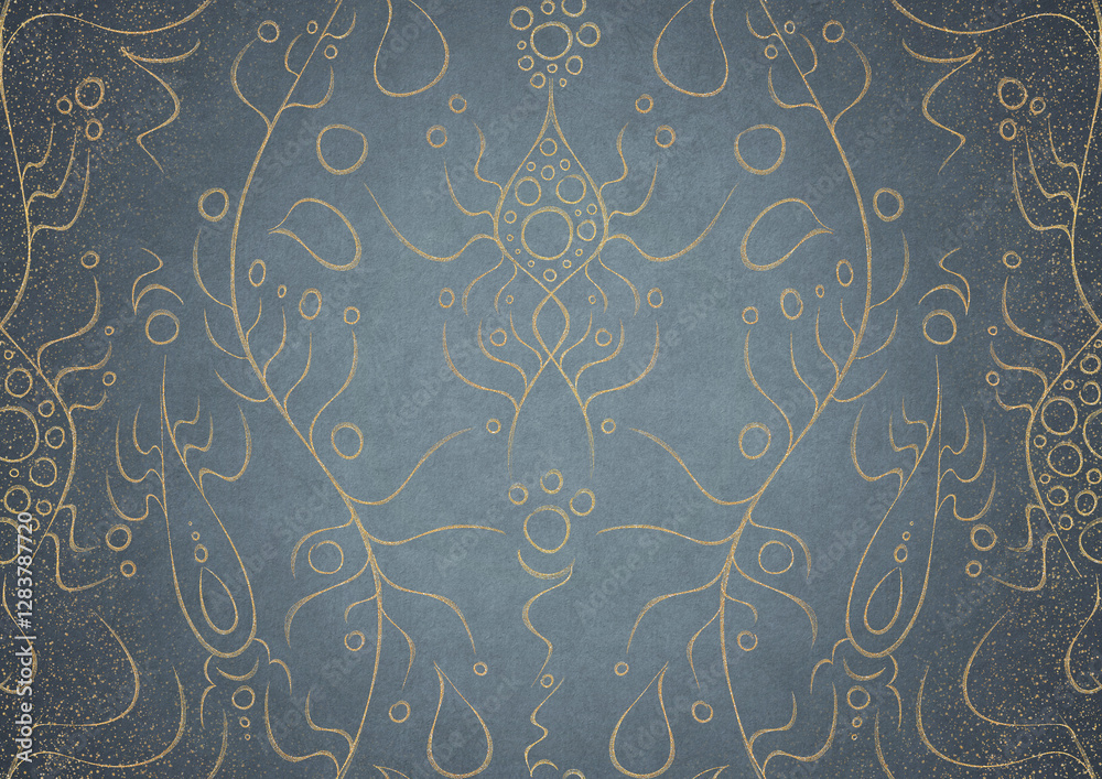 custom made wallpaper toronto digitalHand-drawn unique abstract gold ornament on a light blue background, with vignette of darker background color and golden glittery sparks. Paper texture. Digital artwork, A4. (pattern: p13-1a)