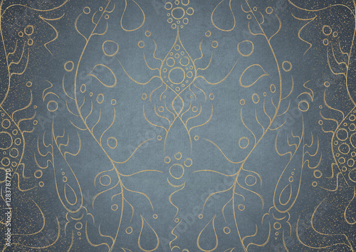Wallpaper Mural Hand-drawn unique abstract gold ornament on a light blue background, with vignette of darker background color and golden glittery sparks. Paper texture. Digital artwork, A4. (pattern: p13-1a) Torontodigital.ca
