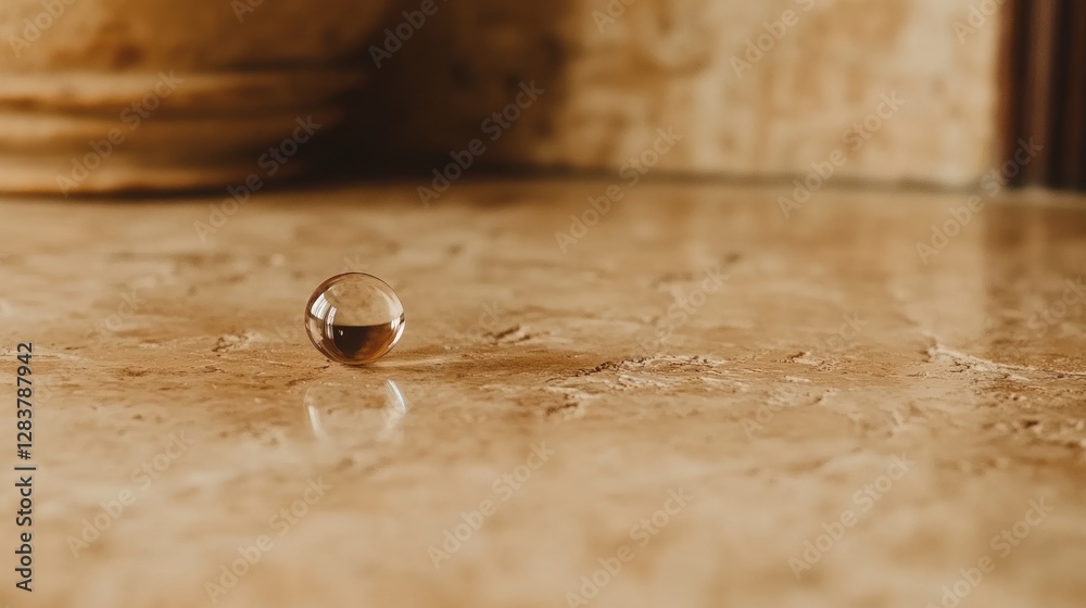 Glass sphere on marble surface, interior background Glass sphere on marble surface, interior background