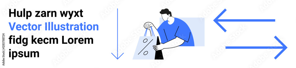 Man holding polka-dot shopping bag while surrounded by blue directional arrows and placeholder text. Ideal for advertising, delivery services, logistics, shopping apps, user instructions, retail Man holding polka-dot shopping bag while surrounded by blue directional arrows and placeholder text. Ideal for advertising, delivery services, logistics, shopping apps, user instructions, retail