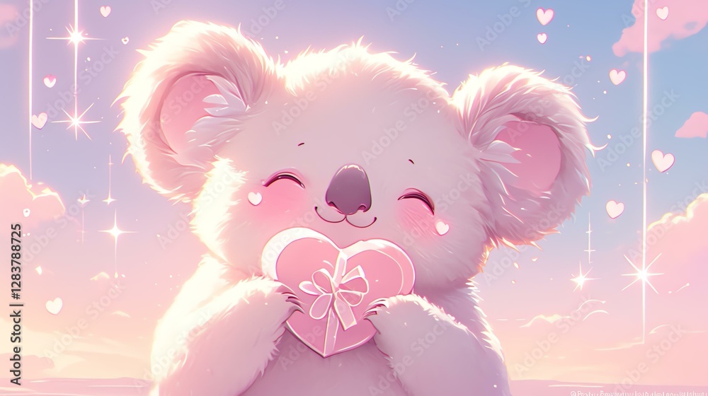 Obraz premium A cute koala holding a pink heart, surrounded by a dreamy pastel background.
