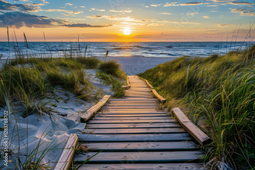 Hölzerner Weg durch Dünen und Sträucher zum Strand mit Blick aufs Meer – Natur, Strand, Küstenlandschaft, Wanderung, Ruhe, Erholung, Outdoor, Meerblick, Sommer