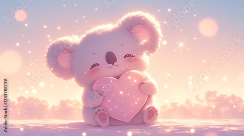 A cute koala holds a sparkling heart surrounded by a dreamy, pastel background. photo