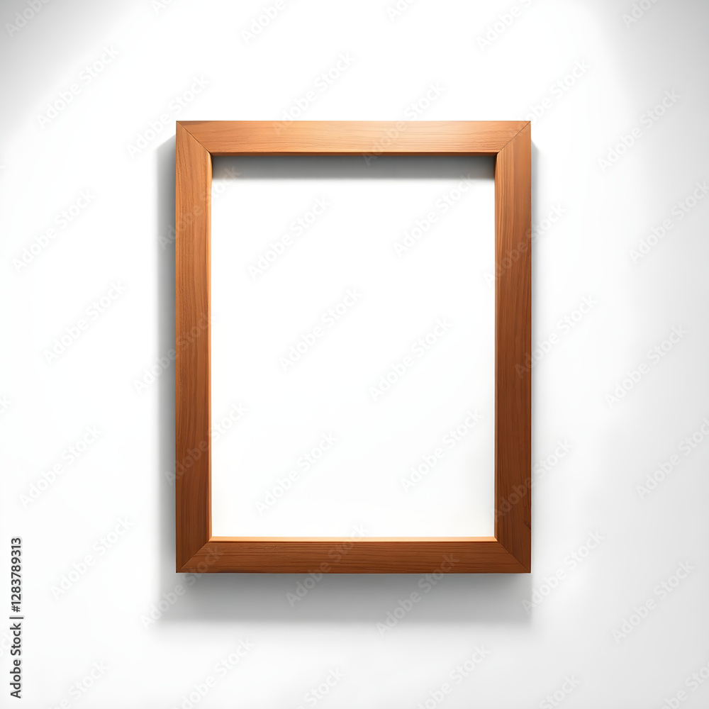 Wooden frame hanging on white wall casting a shadow
