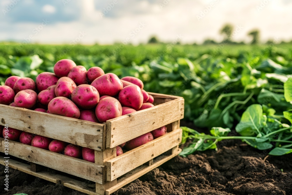 Freshly harvested red potatoes resting in wooden crate on farmland Freshly harvested red potatoes resting in wooden crate on farmland