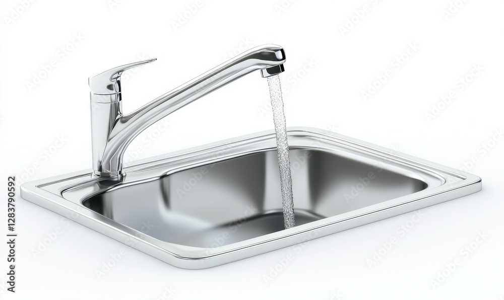 Water running from modern faucet into stainless steel kitchen sink on white Water running from modern faucet into stainless steel kitchen sink on white